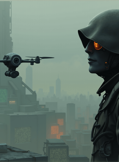 robot, drone, cityscape, hoodie, futuristic, buildings, haze