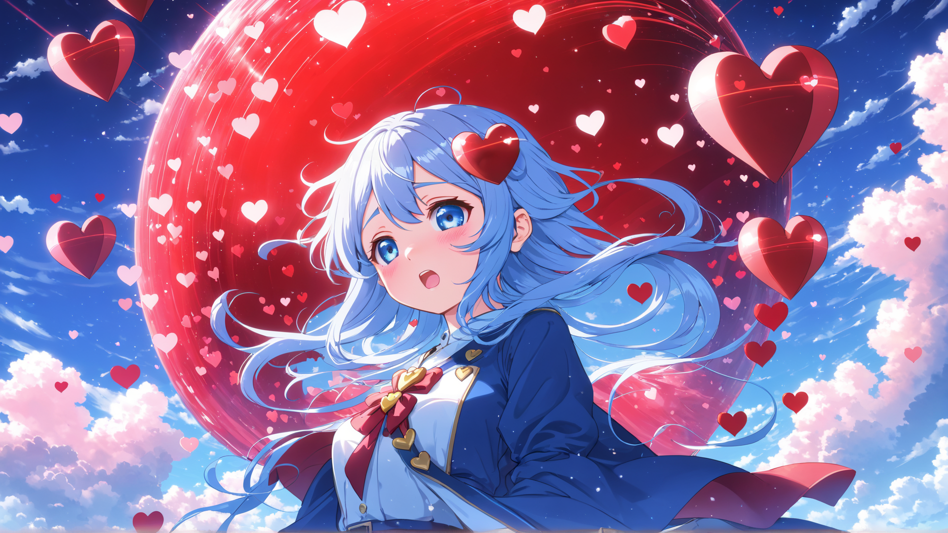 AI generated wallpaper featuring girl, hearts, sky