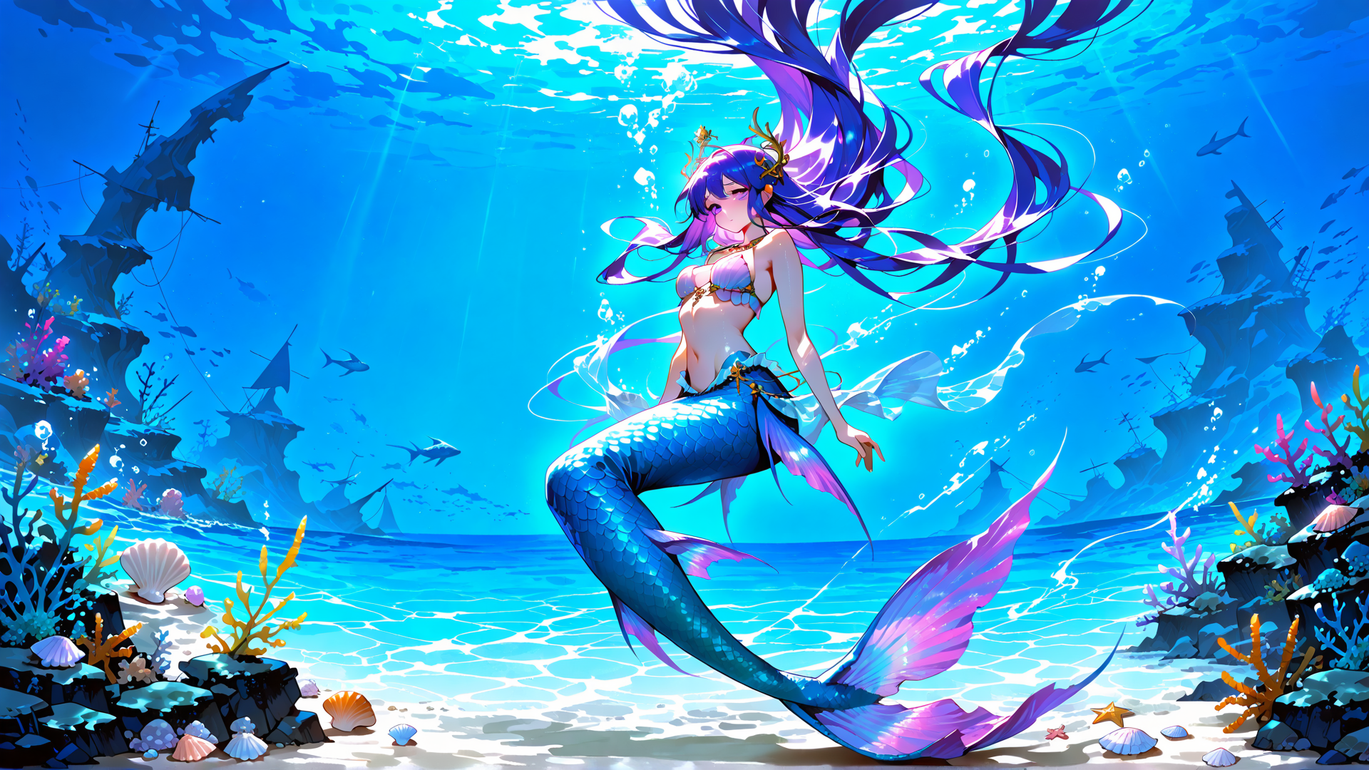 AI generated wallpaper featuring mermaid, coral, fish, shipwreck, seashell, starfish, ocean, scales, bubbles, sunlight