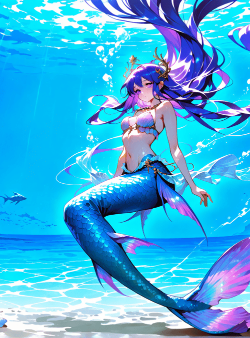 mermaid, coral, fish, shipwreck, seashell, starfish, ocean, scales, bubbles, sunlight