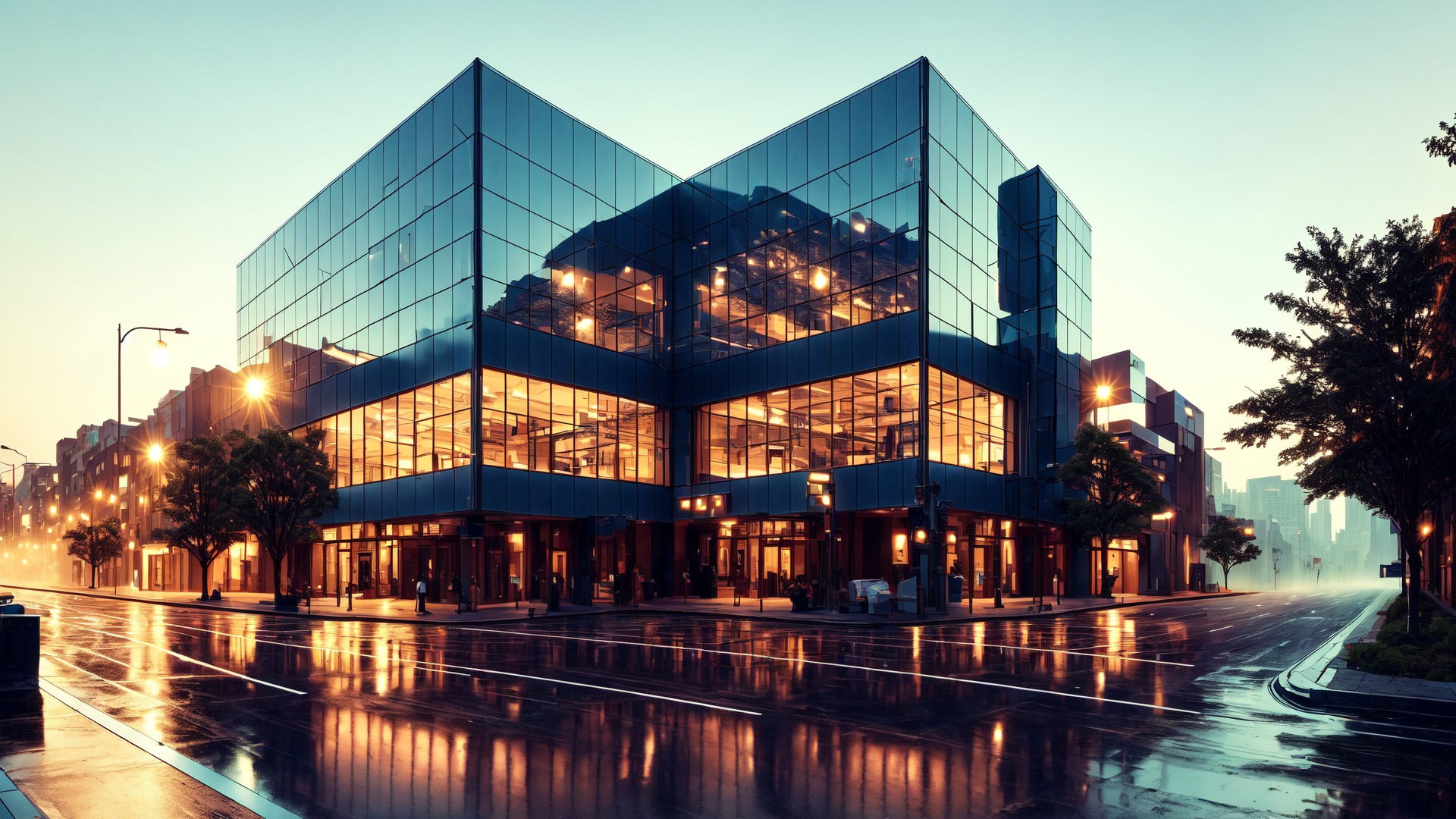 AI generated wallpaper featuring building, street, glass, trees, road, lights, cityscape, reflection, skyscraper, sunset