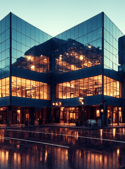 building, street, glass, trees, road, lights, cityscape, reflection, skyscraper, sunset
