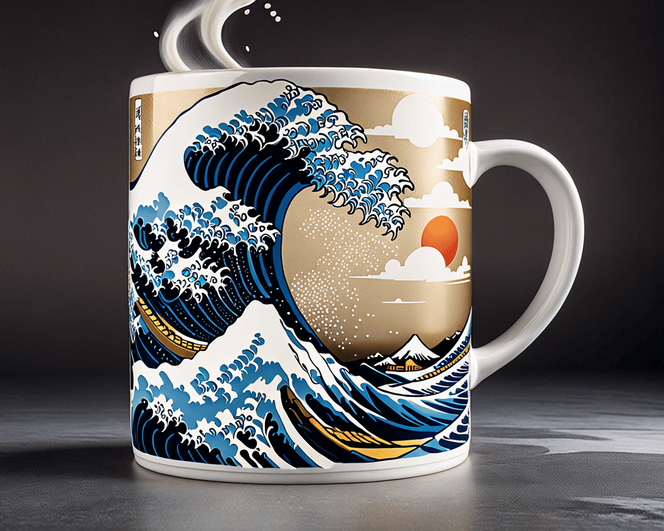 AI generated wallpaper featuring mug, wave, sunset
