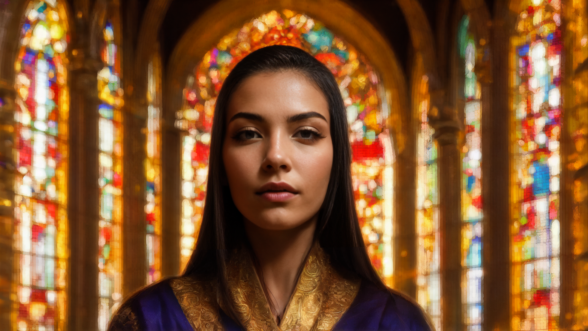 AI generated wallpaper featuring woman, church, stained glass