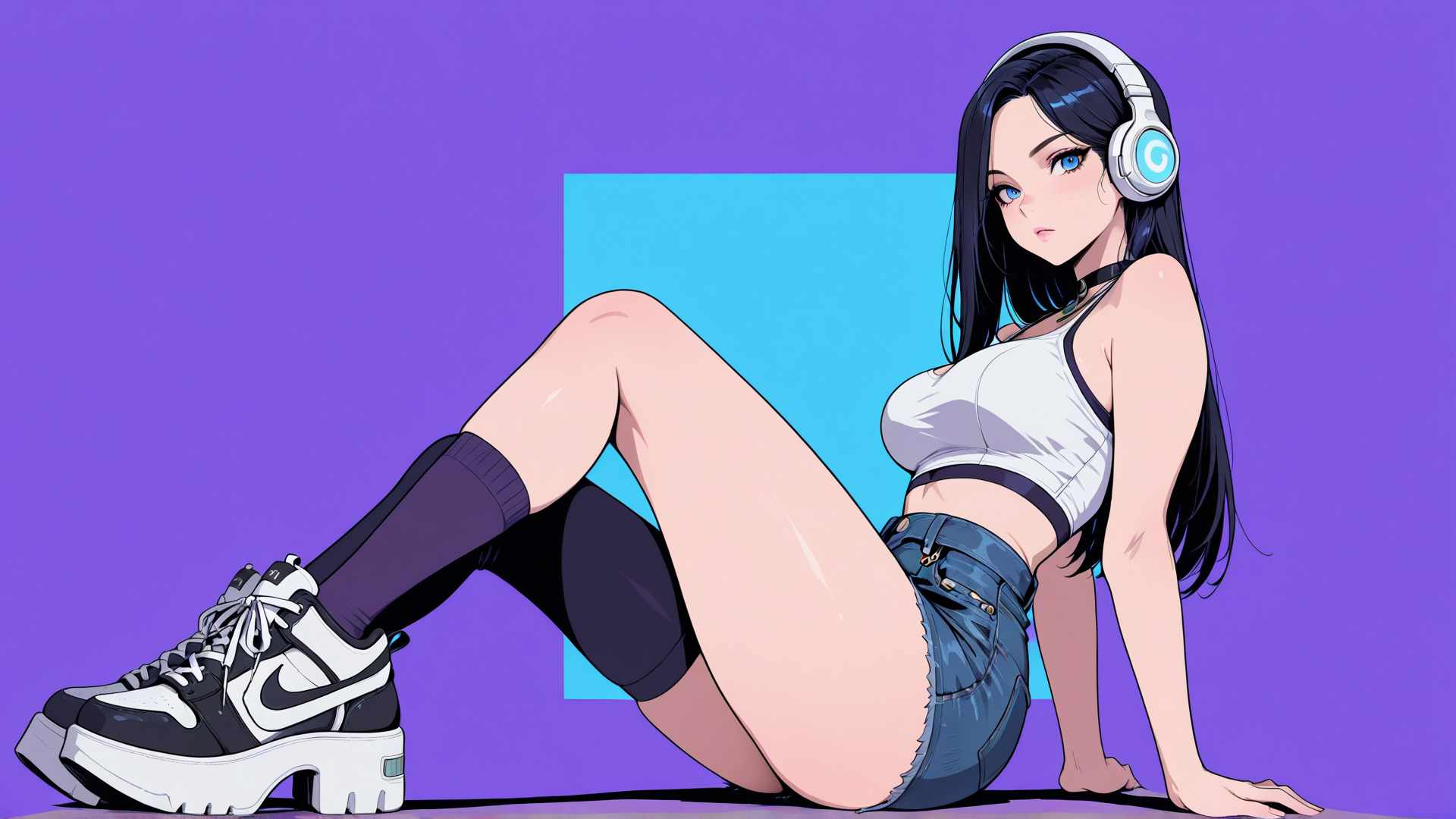 AI generated wallpaper featuring woman, headphones, sneakers, jeans, socks