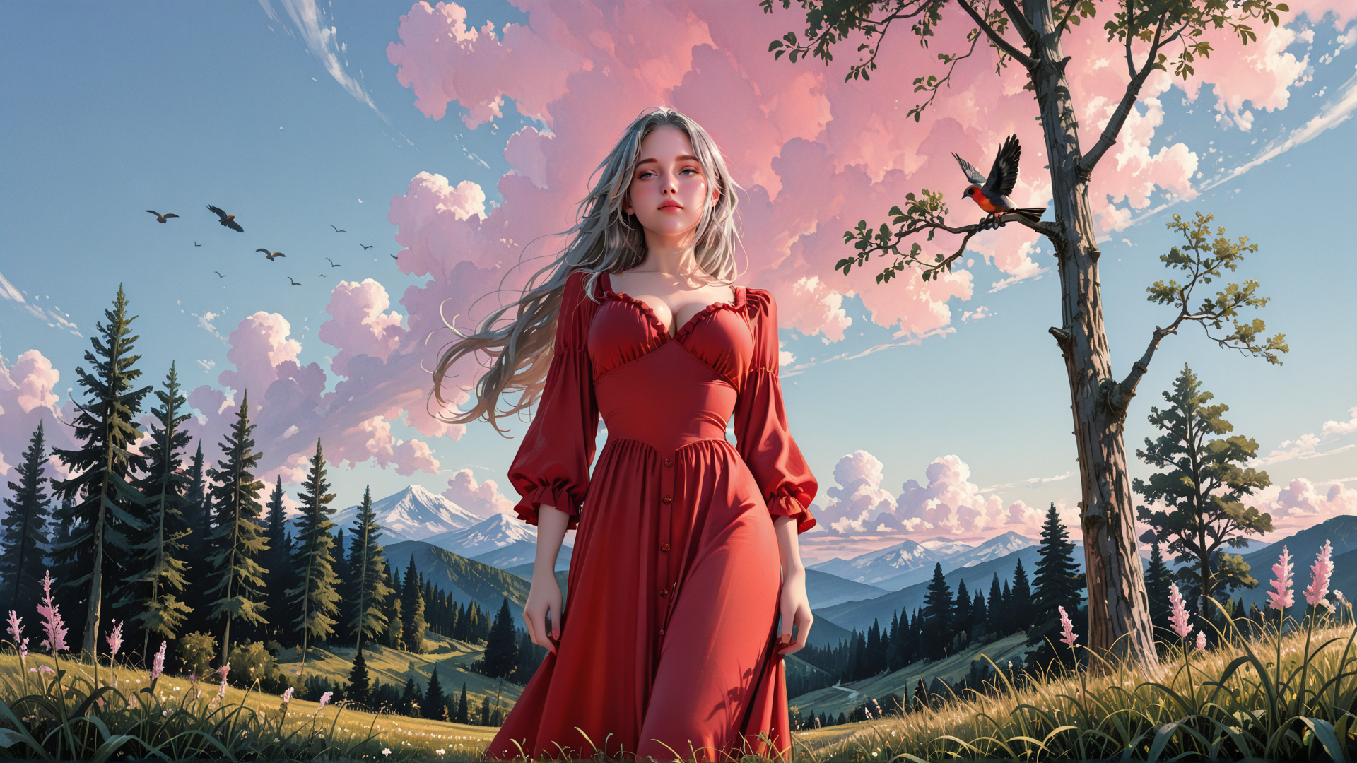 AI generated wallpaper featuring woman, dress, tree, bird, cloud, mountain, grass, flower, sky, forest