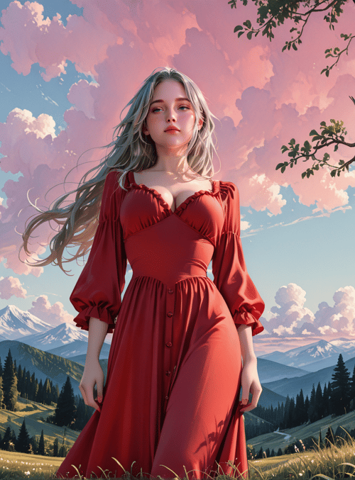 woman, dress, tree, bird, cloud, mountain, grass, flower, sky, forest