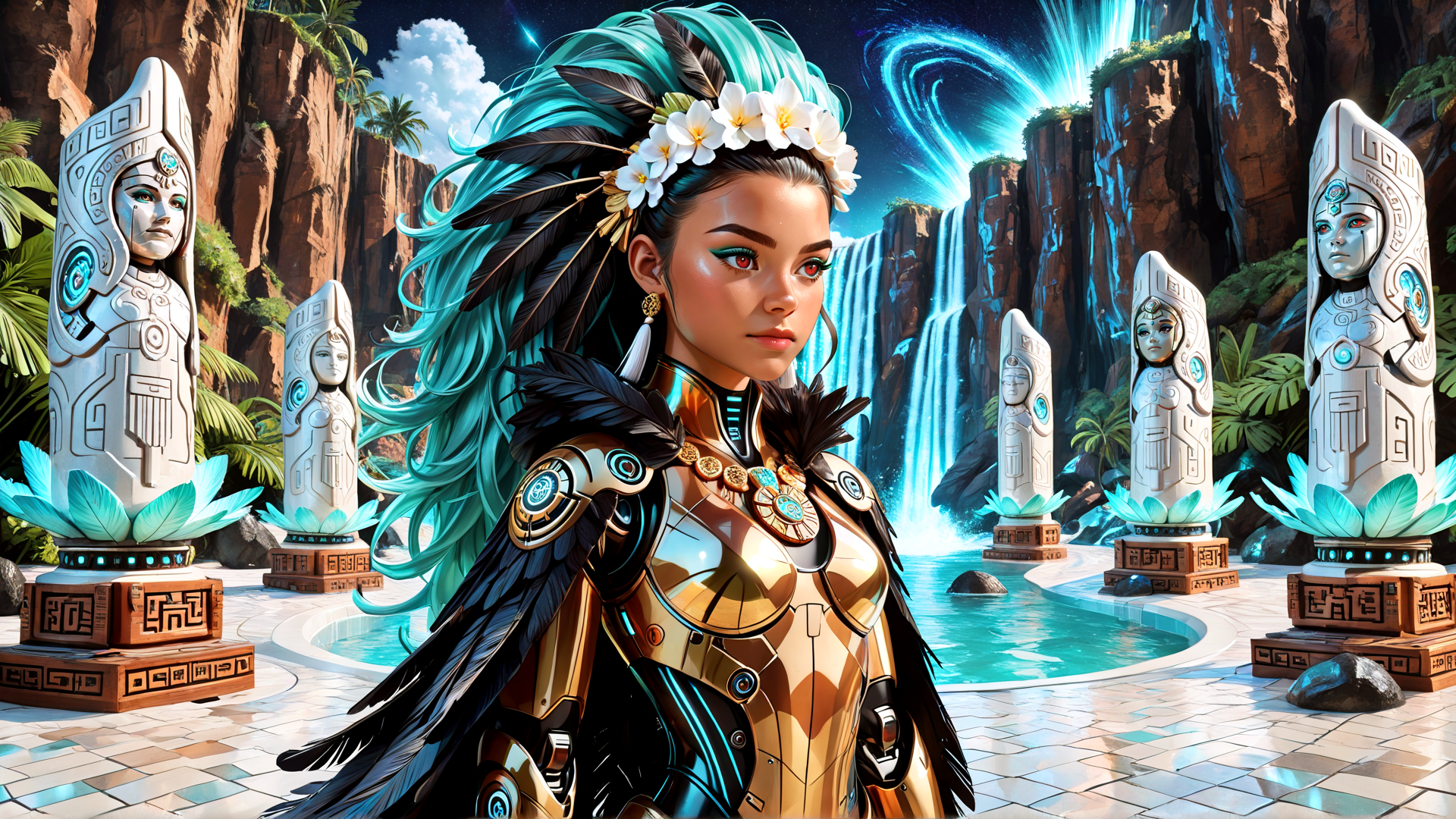 AI generated wallpaper featuring woman, statues, waterfall, feathers, flowers, armor, stone, plants, sky, water