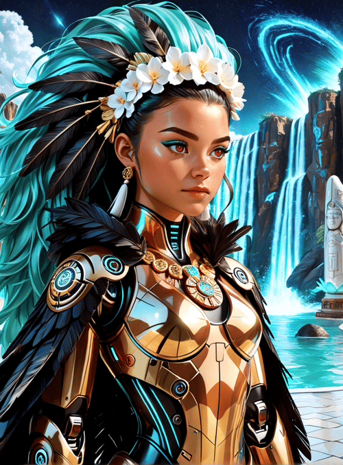 woman, statues, waterfall, feathers, flowers, armor, stone, plants, sky, water