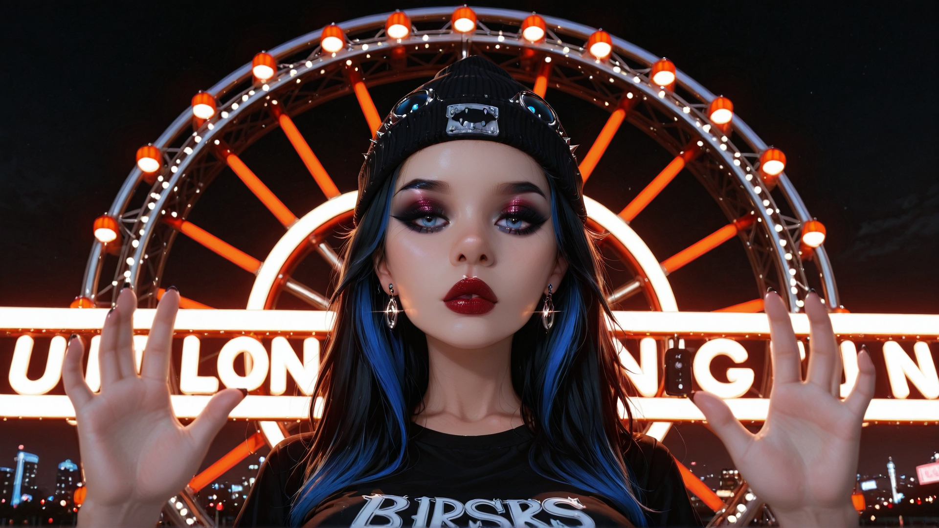 AI generated wallpaper featuring woman, ferris wheel, neon sign, hands, hat, hair, shirt, cityscape, lights, glasses