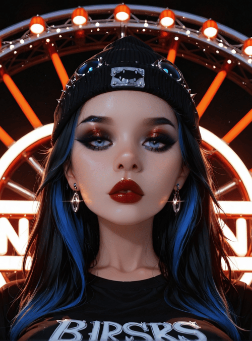 woman, ferris wheel, neon sign, hands, hat, hair, shirt, cityscape, lights, glasses