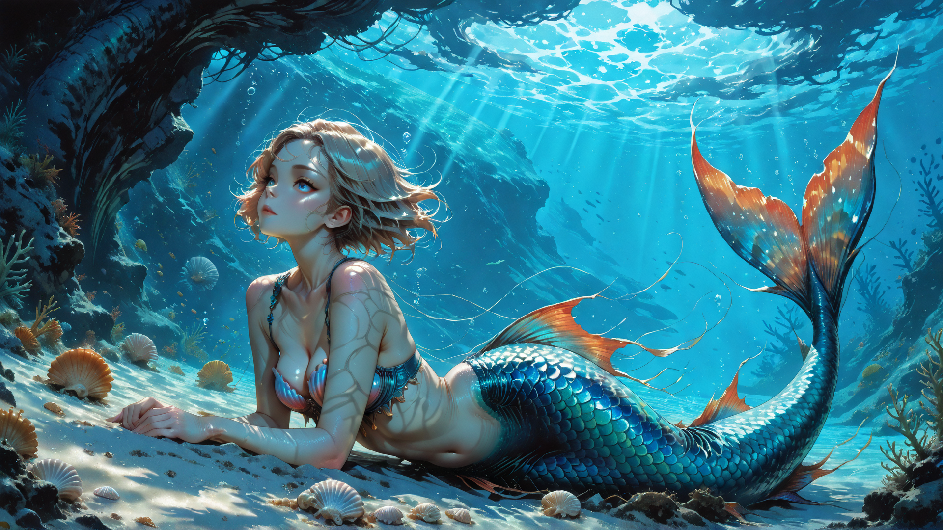 AI generated wallpaper featuring mermaid, coral, seashell, fish, sunlight, ocean, scales, sand, underwater, seaweed