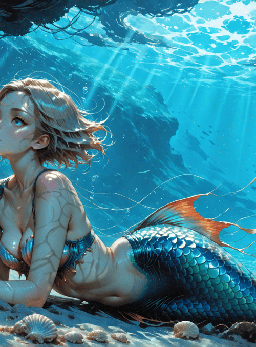 mermaid, coral, seashell, fish, sunlight, ocean, scales, sand, underwater, seaweed