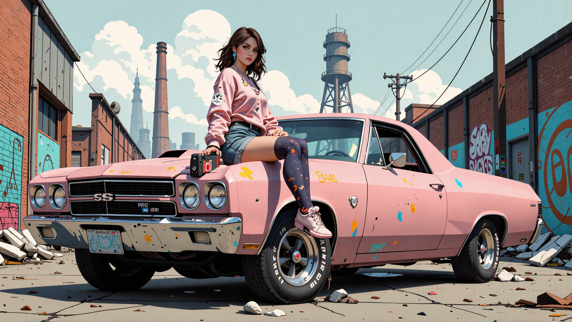 AI generated wallpaper featuring woman, car, graffiti, industrial, street, camera, sneakers, jeans, sweater, socks