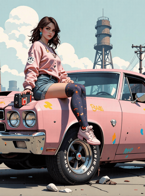 woman, car, graffiti, industrial, street, camera, sneakers, jeans, sweater, socks
