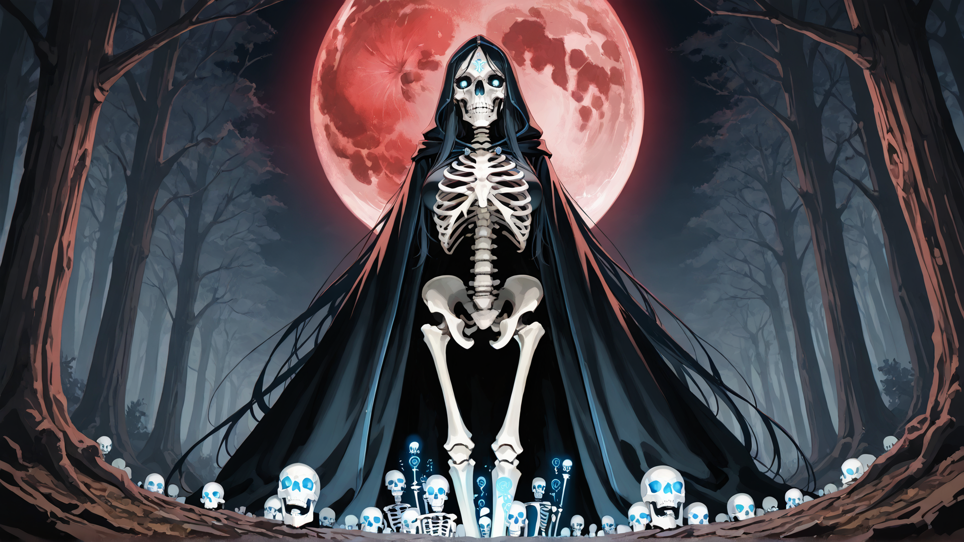 AI generated wallpaper featuring skeleton, hooded figure, skulls, forest, red moon