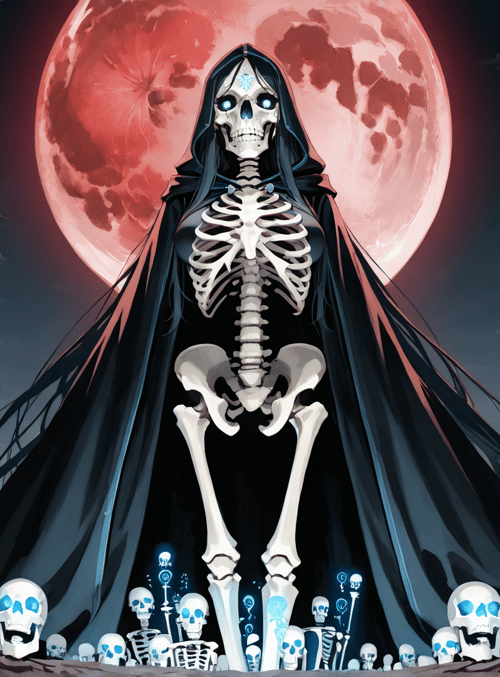 skeleton, hooded figure, skulls, forest, red moon