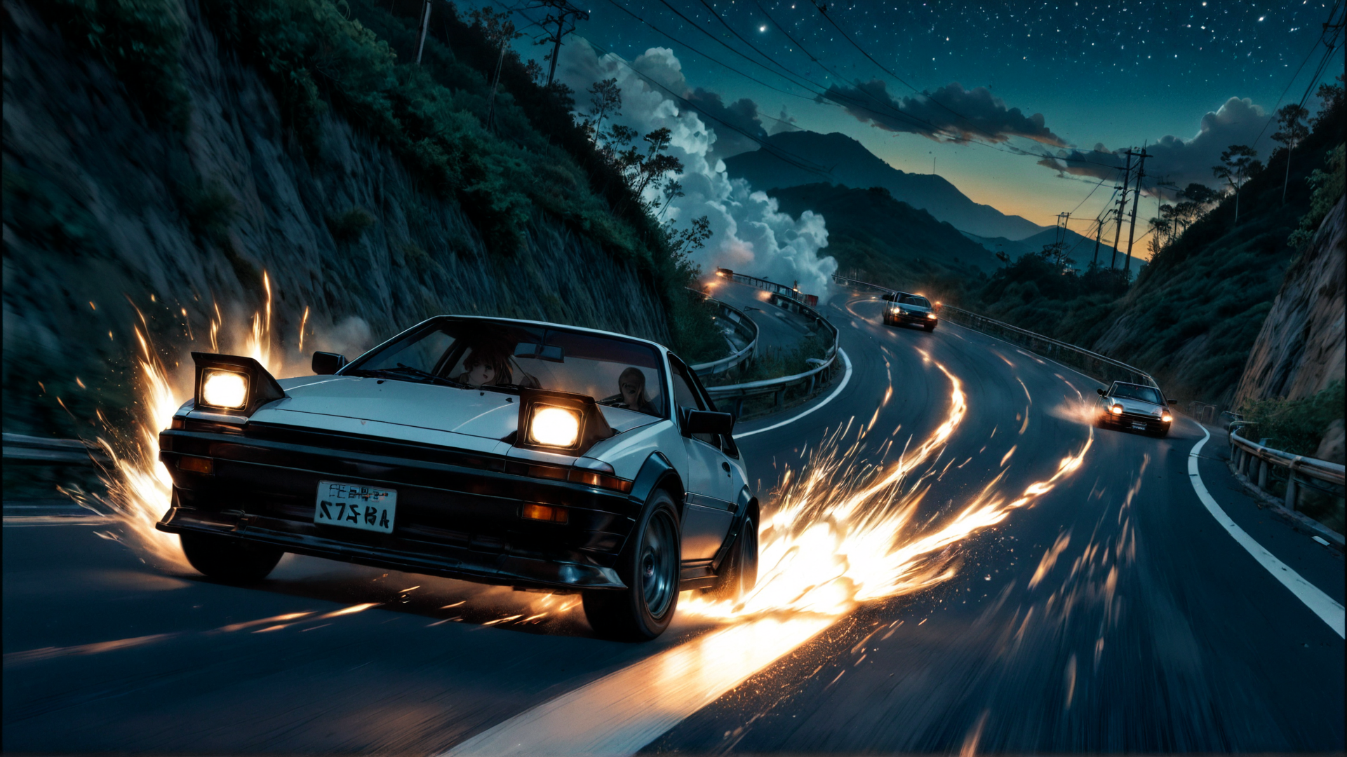 AI generated wallpaper featuring car, road, mountains, stars, smoke, fire, sparks