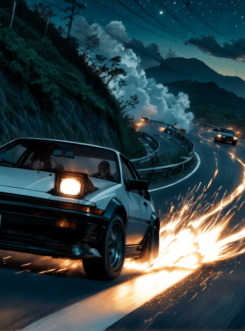 car, road, mountains, stars, smoke, fire, sparks