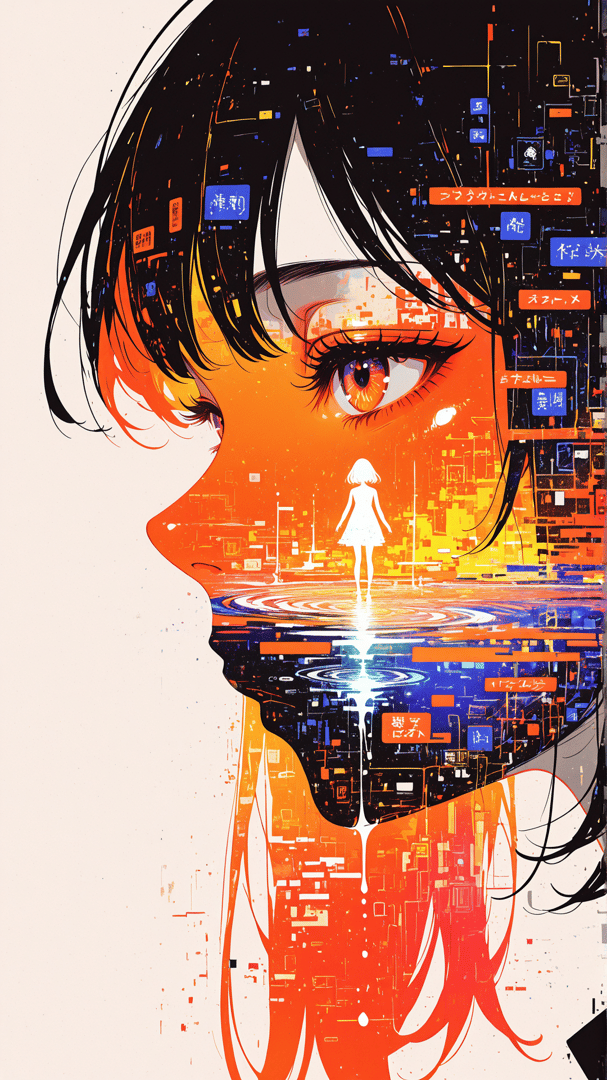 AI generated wallpaper featuring girl, silhouette, digital, cityscape, reflection, anime