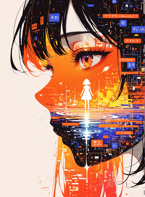girl, silhouette, digital, cityscape, reflection, anime