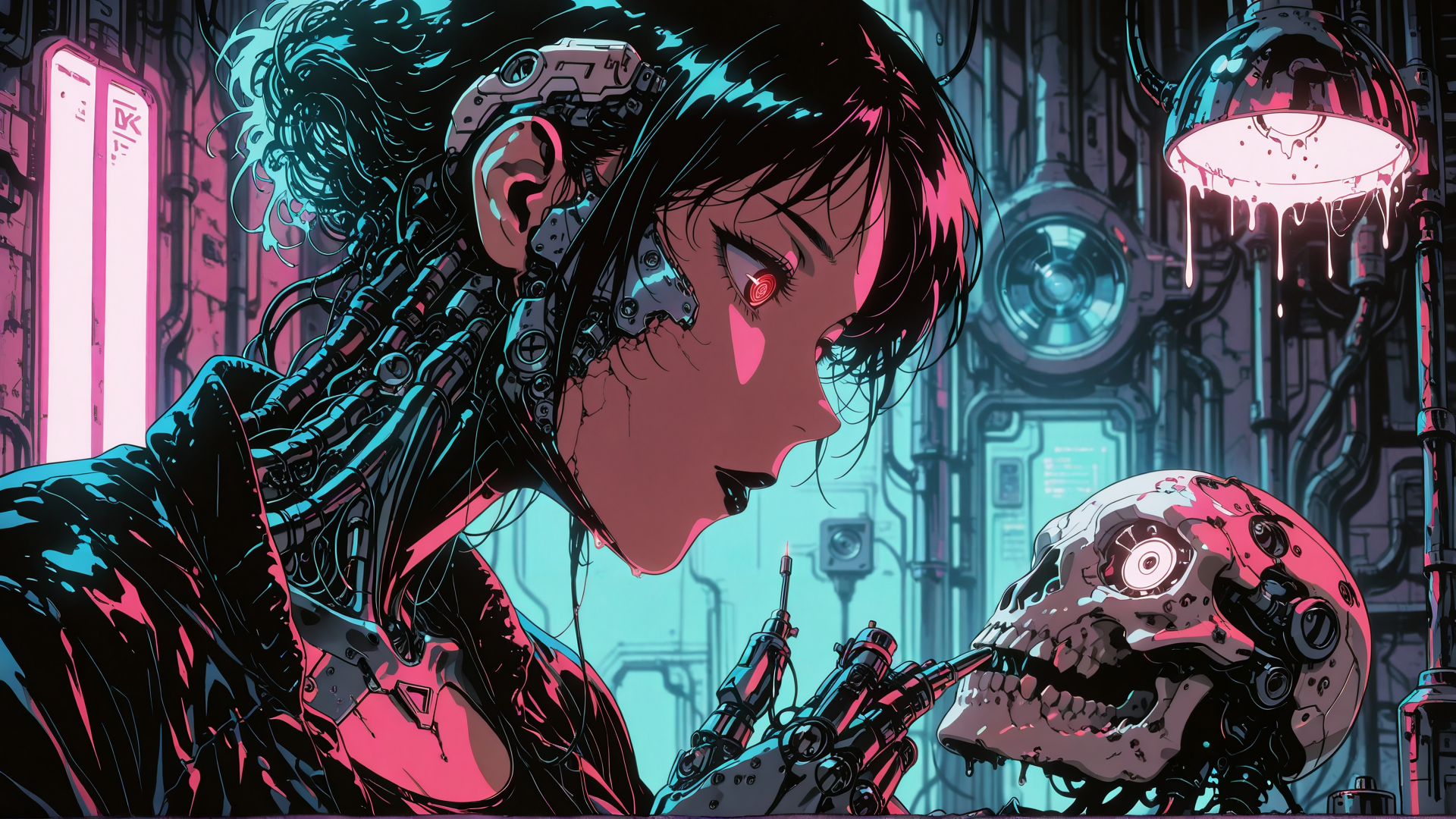 AI generated wallpaper featuring cyborg, robot, skull