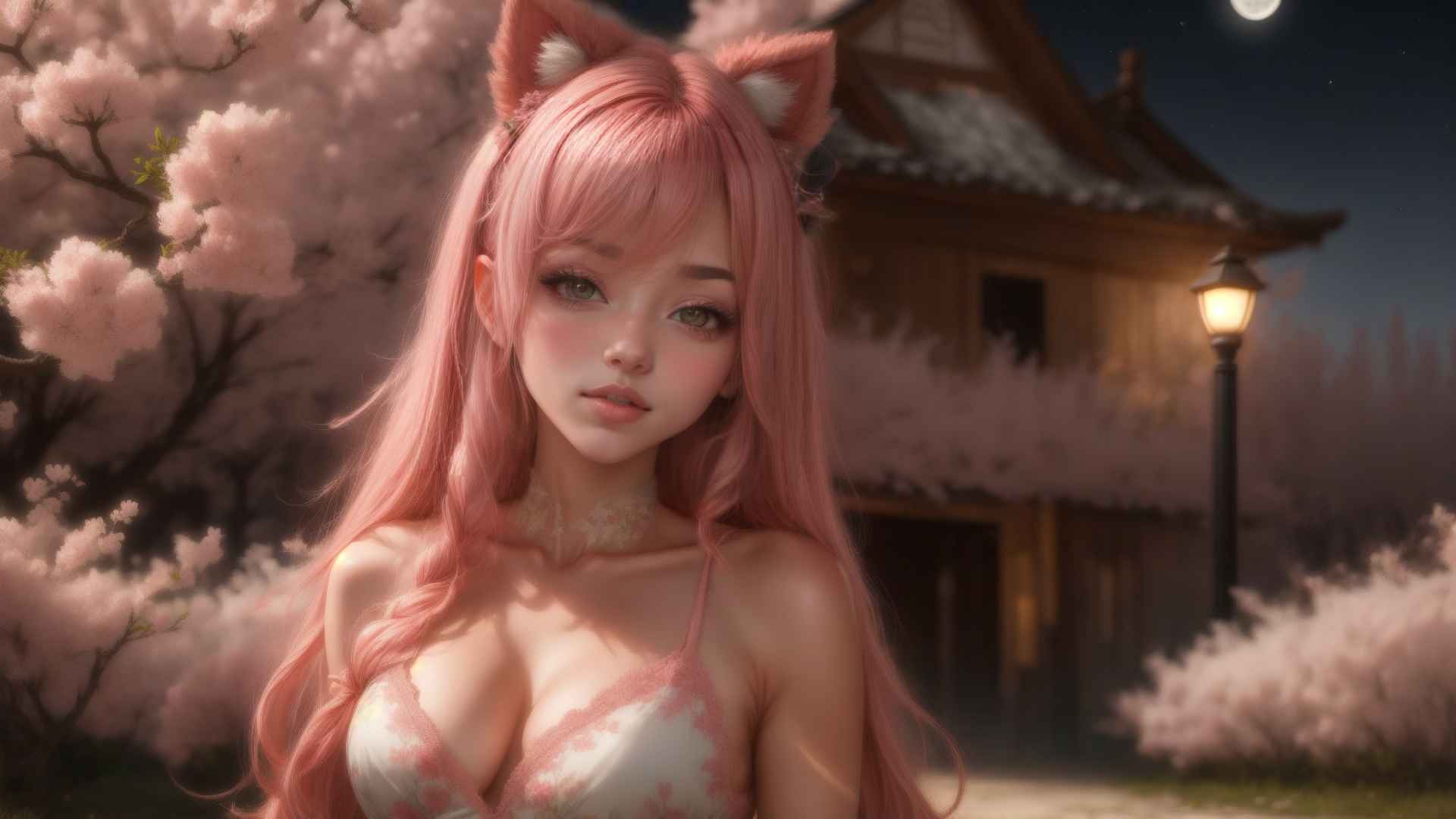 AI generated wallpaper featuring cat girl, cherry blossom, traditional building