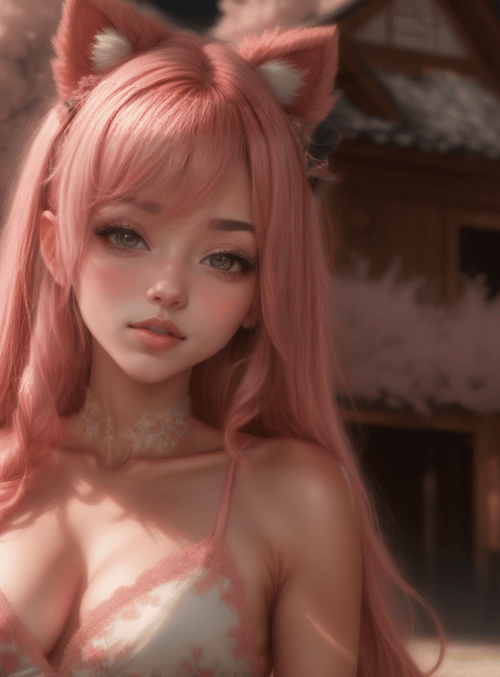 cat girl, cherry blossom, traditional building