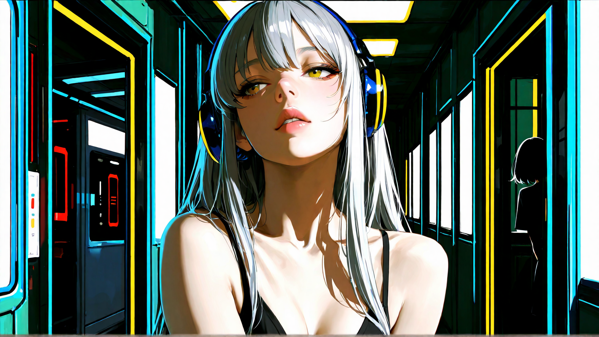 AI generated wallpaper featuring woman, headphones, train, silver hair, yellow eyes, black top, reflection, window, lighting, digital