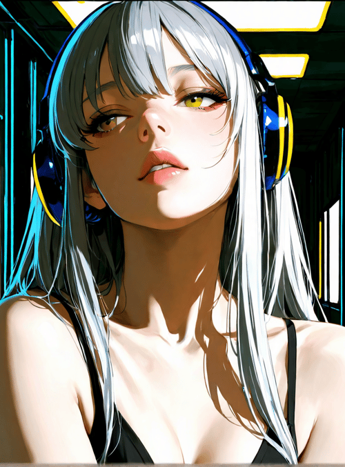 woman, headphones, train, silver hair, yellow eyes, black top, reflection, window, lighting, digital