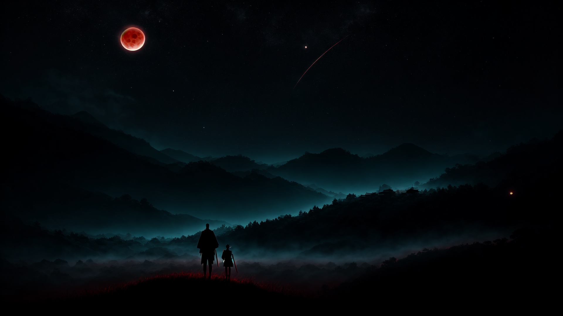 AI generated wallpaper featuring silhouettes, mountains, red moon