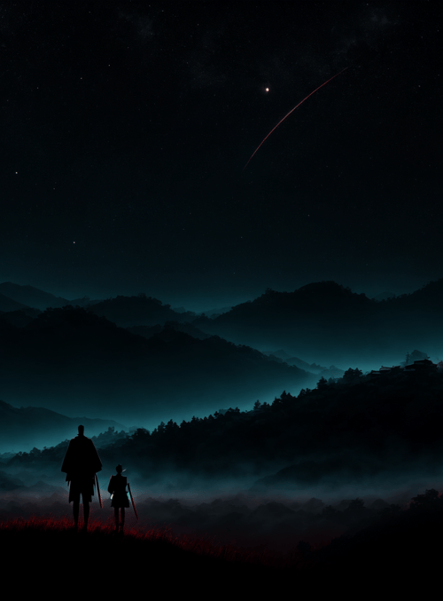 silhouettes, mountains, red moon