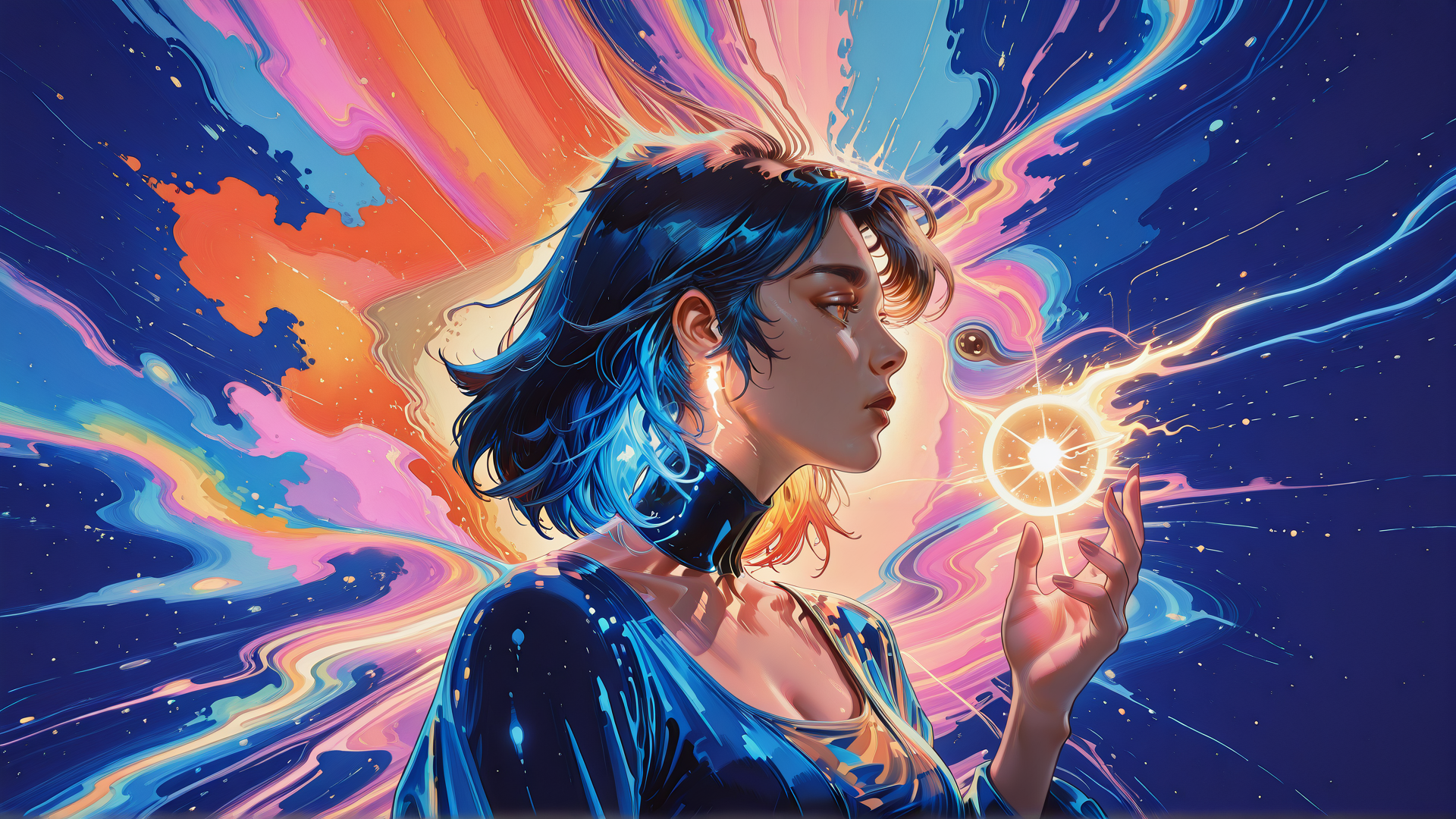 AI generated wallpaper featuring woman, glowing orb, neon hair, abstract background