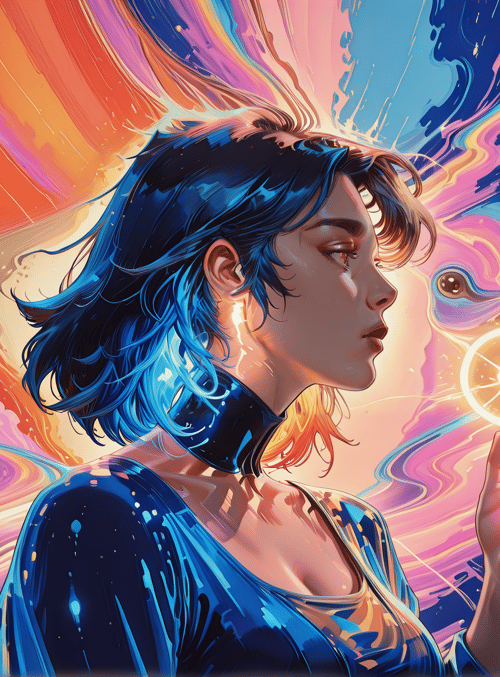 woman, glowing orb, neon hair, abstract background