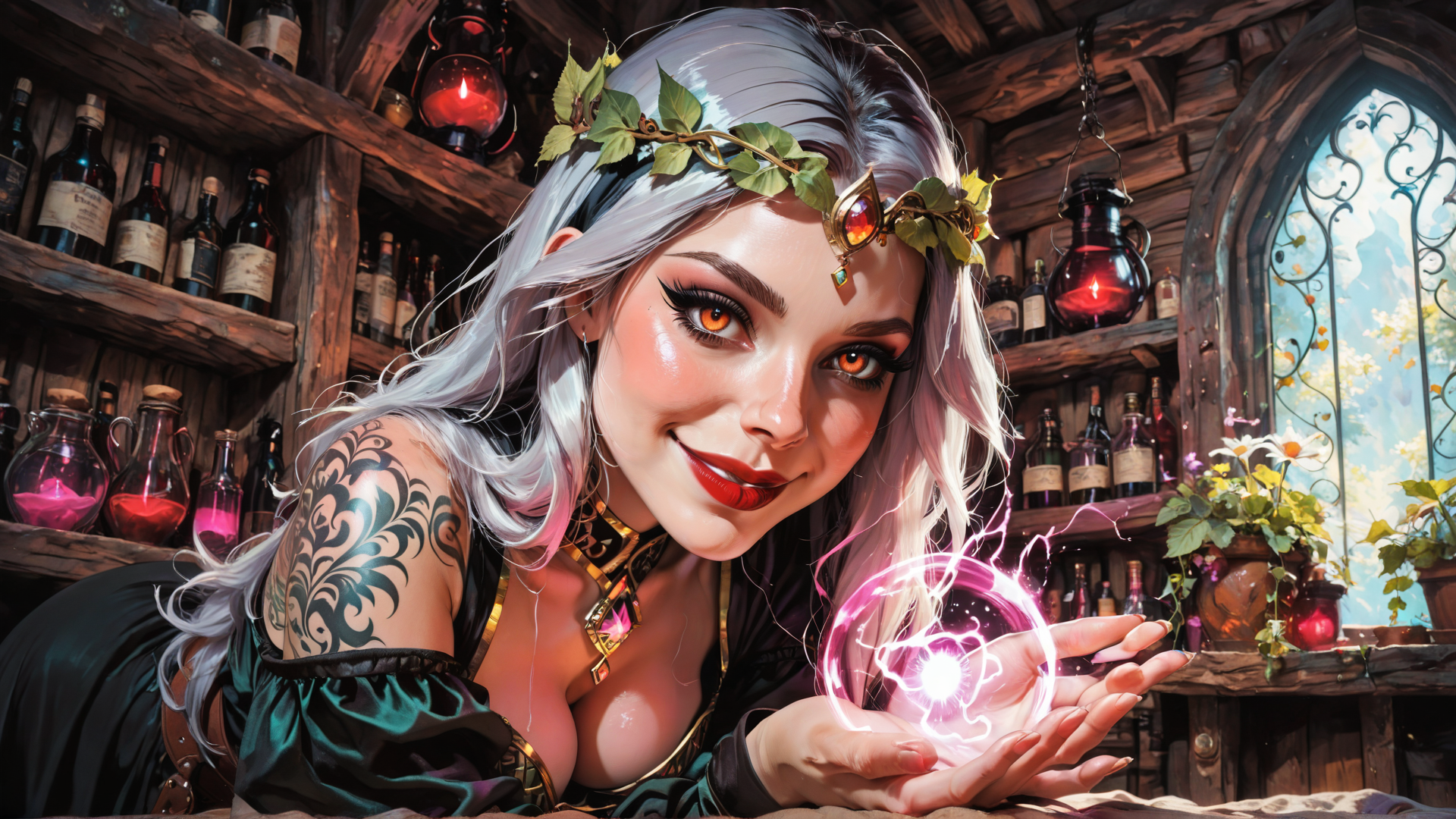 AI generated wallpaper featuring witch, alchemist, crystal, bottle, plant, tattoo, lantern, window, hair, leaf