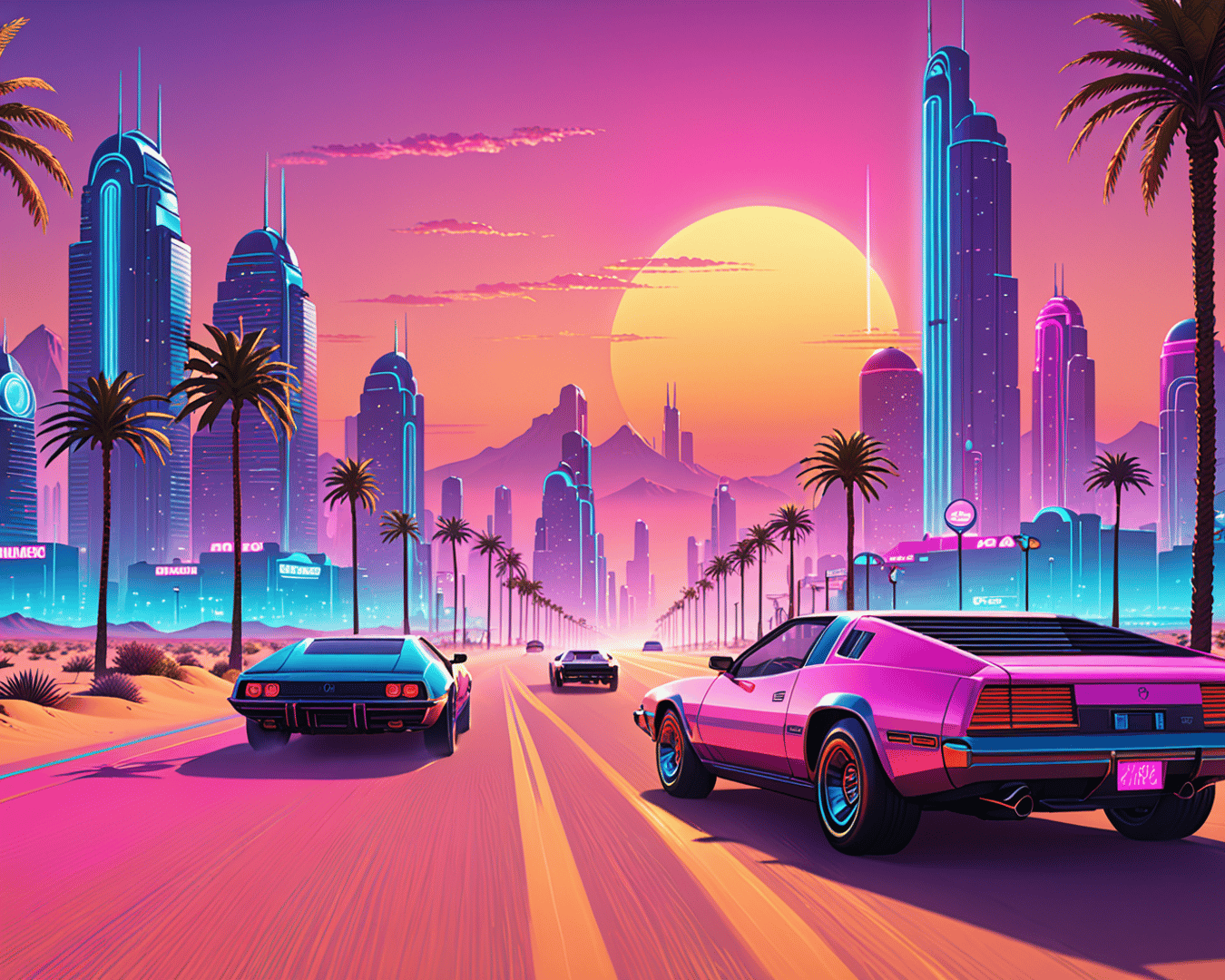 AI generated wallpaper featuring cars, cityscape, palm trees