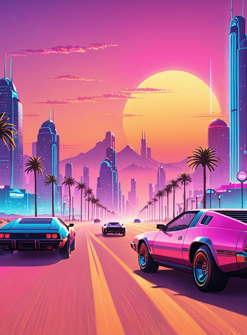 cars, cityscape, palm trees