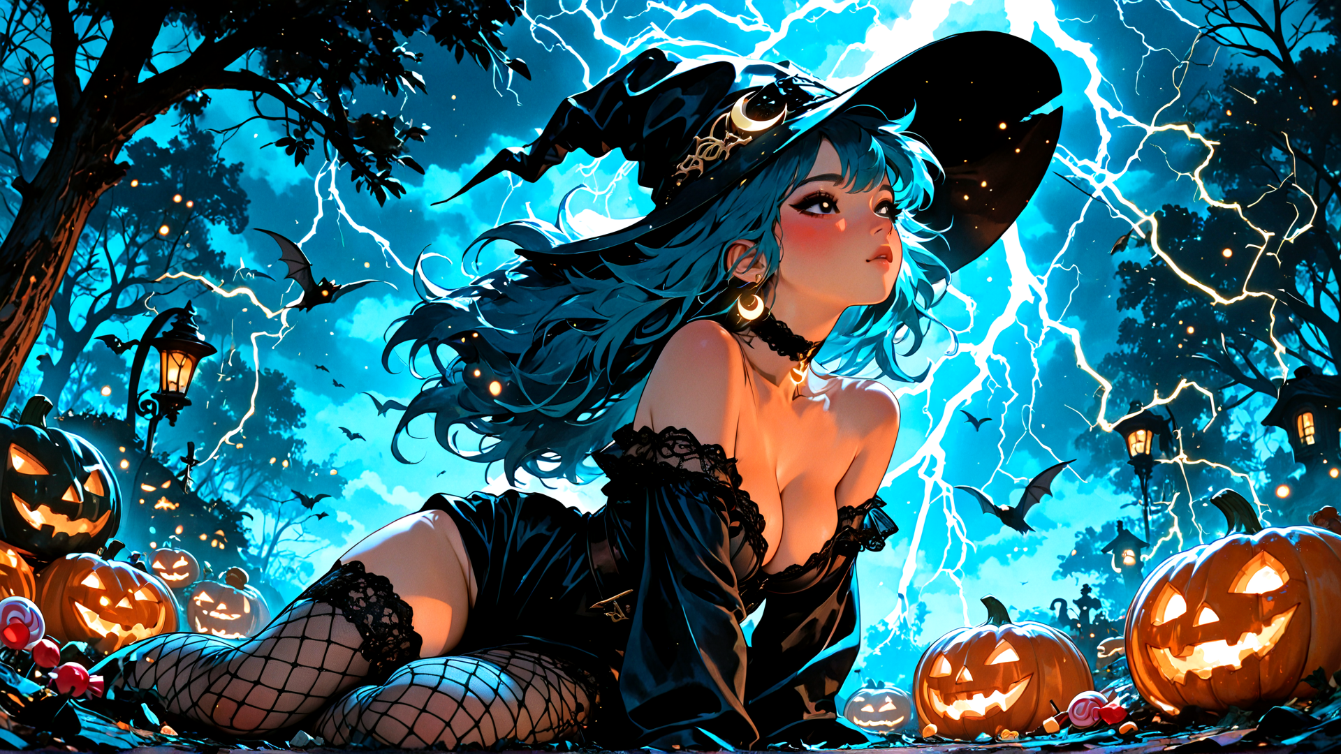 AI generated wallpaper featuring witch, pumpkin, bat, tree, lantern, candy, lady, moon, spark, lightning
