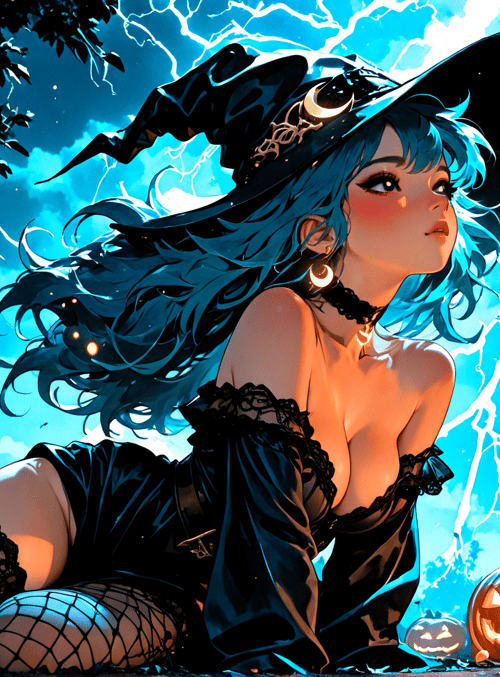 witch, pumpkin, bat, tree, lantern, candy, lady, moon, spark, lightning