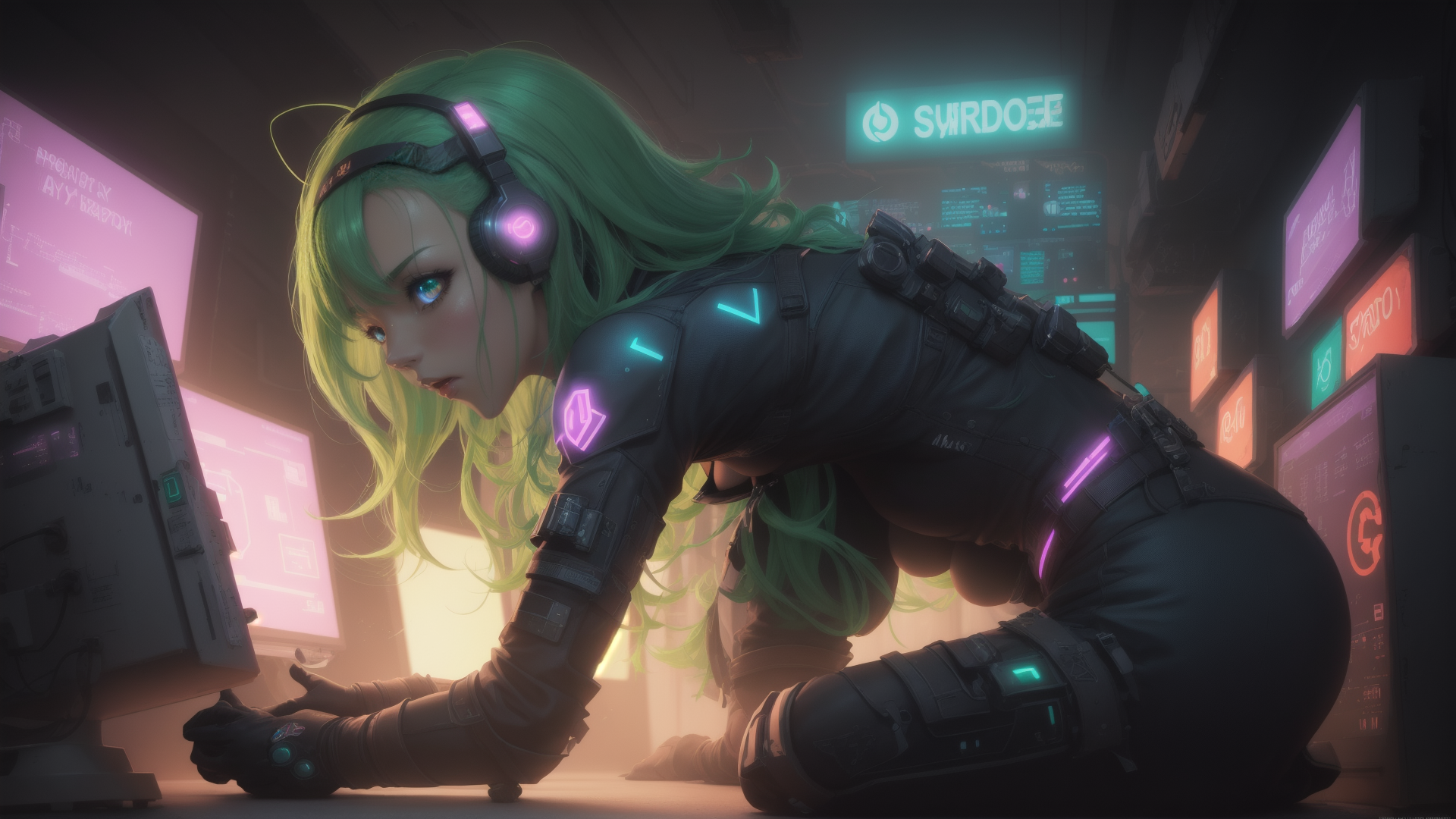 AI generated wallpaper featuring cyberpunk, anime, girl