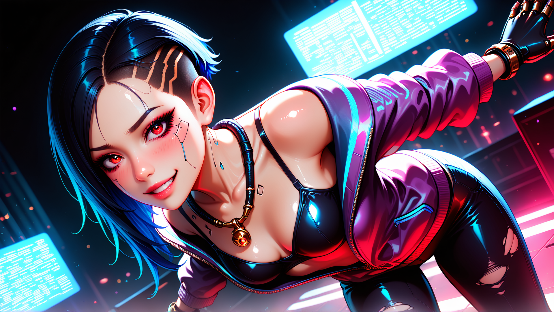 AI generated wallpaper featuring cyborg, woman, neon, hacker, futuristic