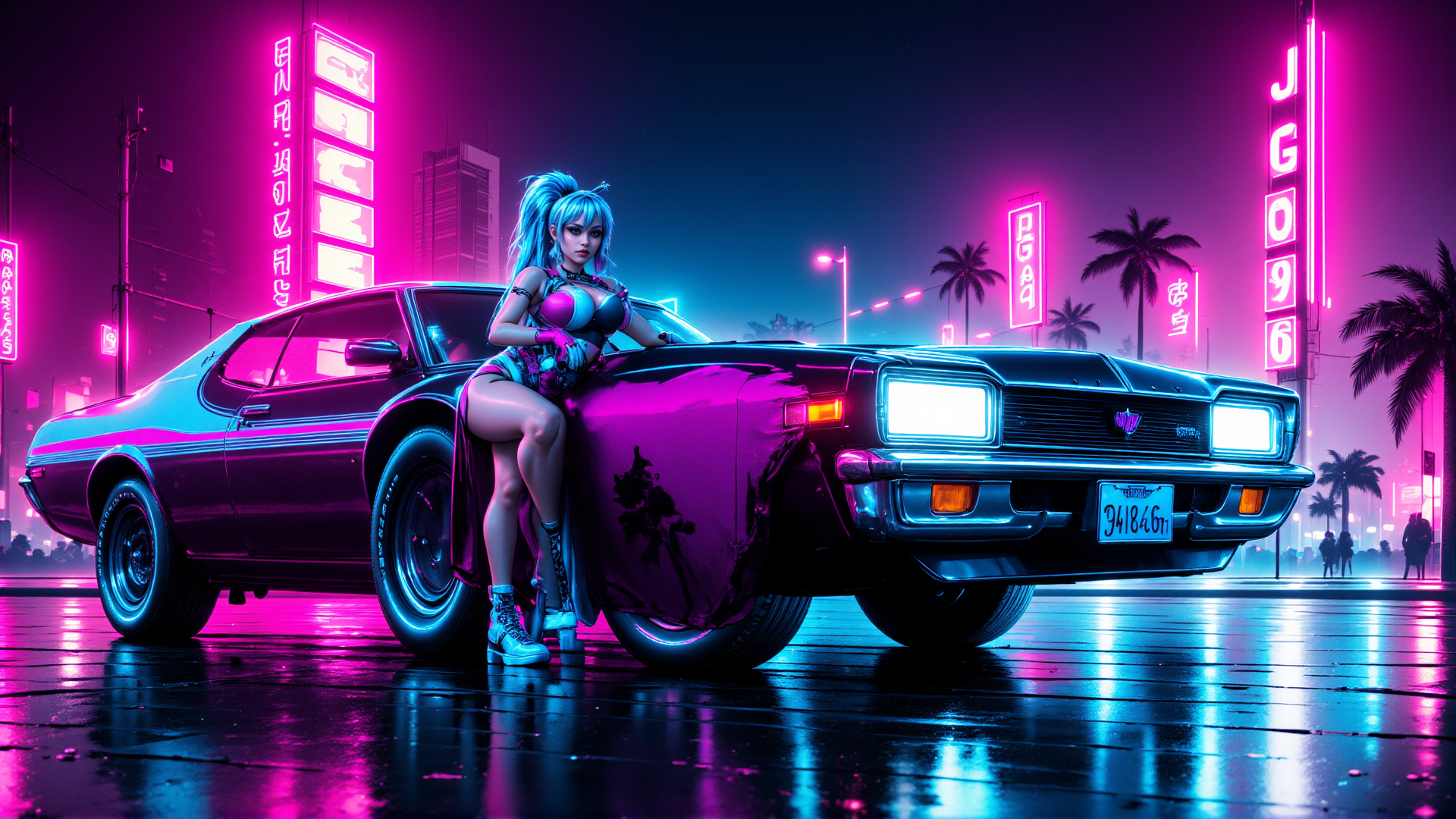 AI generated wallpaper featuring woman, car, neon