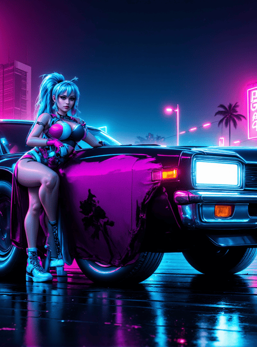 woman, car, neon