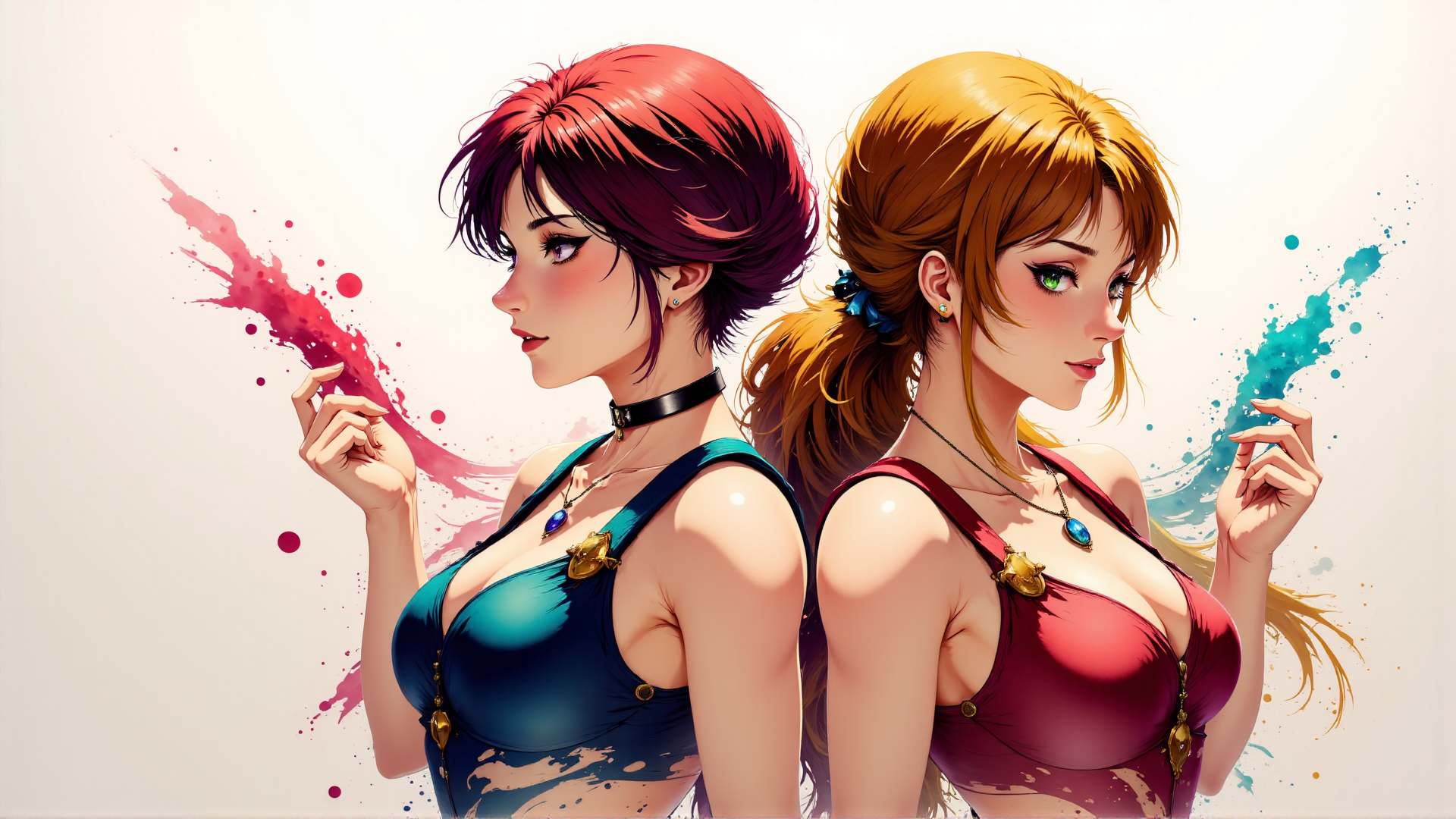 AI generated wallpaper featuring woman, girls, backview, silk, choker, pendant, paint, ink