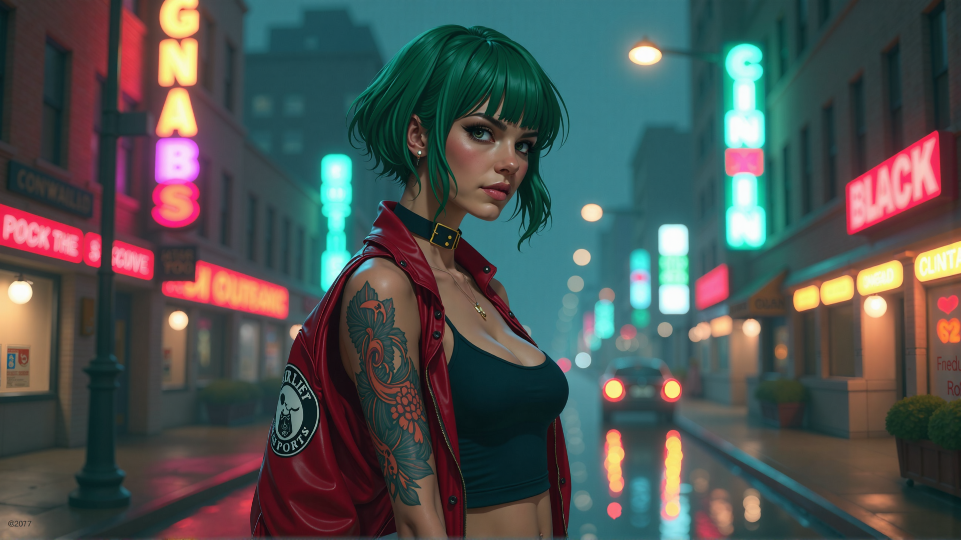 AI generated wallpaper featuring woman, tattoo, neon, street, vintage, leather