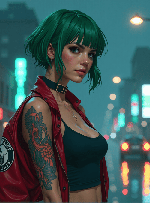 woman, tattoo, neon, street, vintage, leather