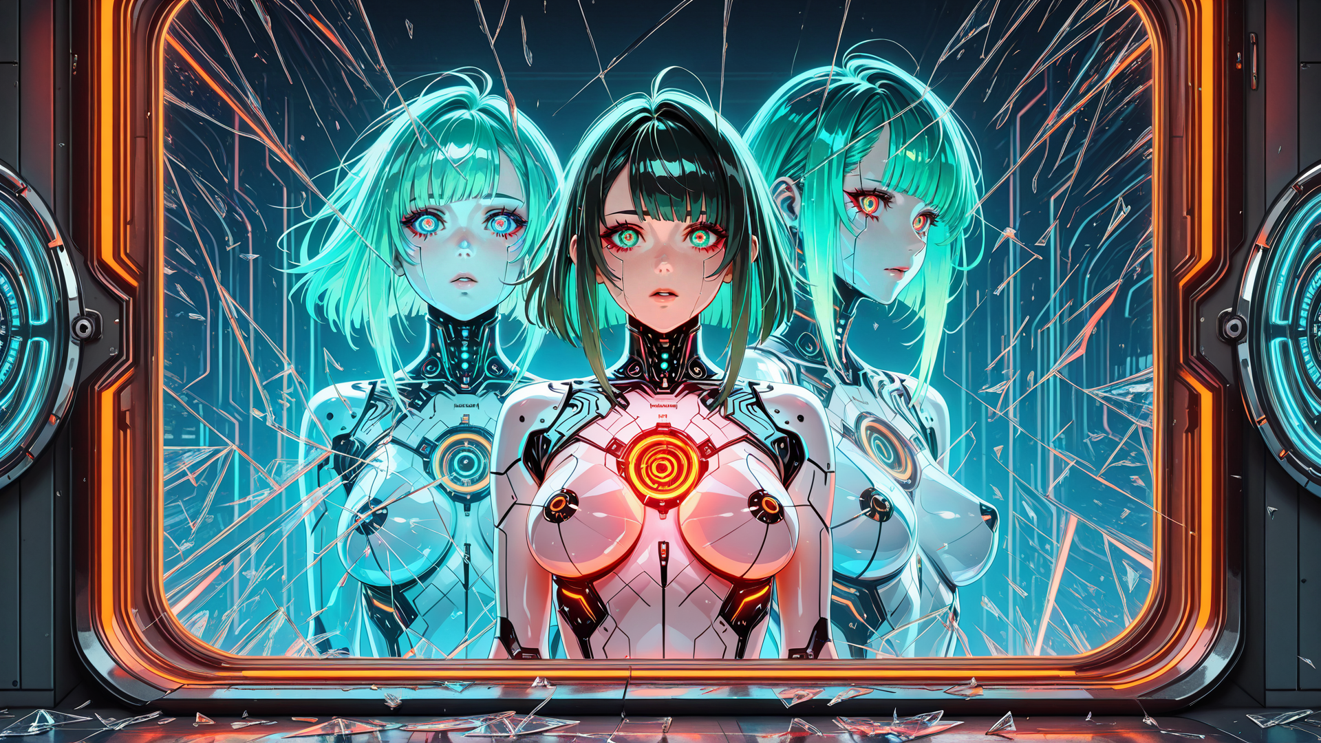 AI generated wallpaper featuring robot, cyborg, anime, female, character, mirror, reflection, gaze, neon, glass