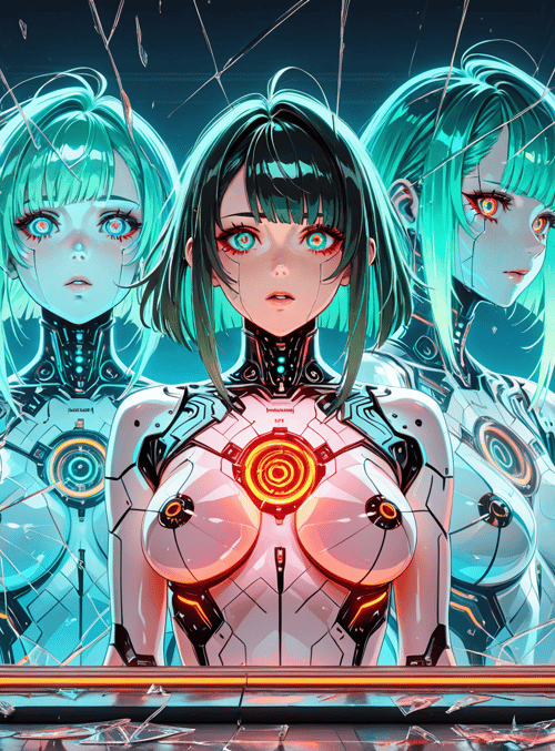 robot, cyborg, anime, female, character, mirror, reflection, gaze, neon, glass