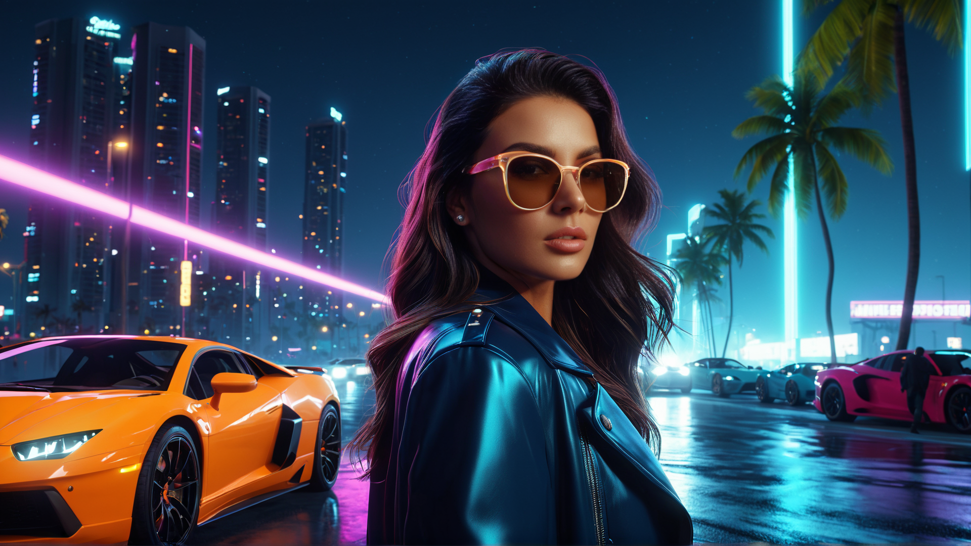 AI generated wallpaper featuring woman, sports car, city