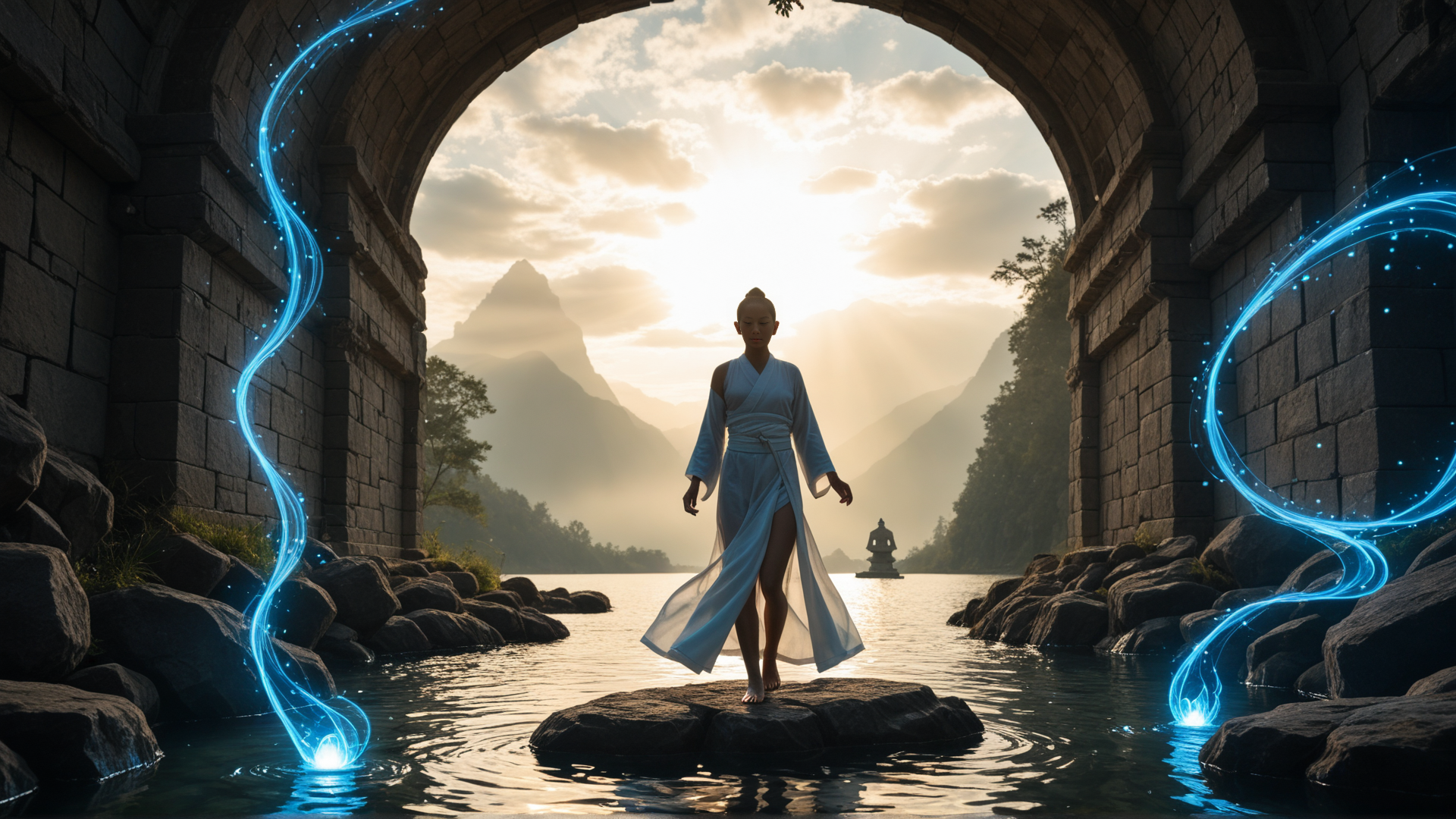 AI generated wallpaper featuring woman, stone, bridge
